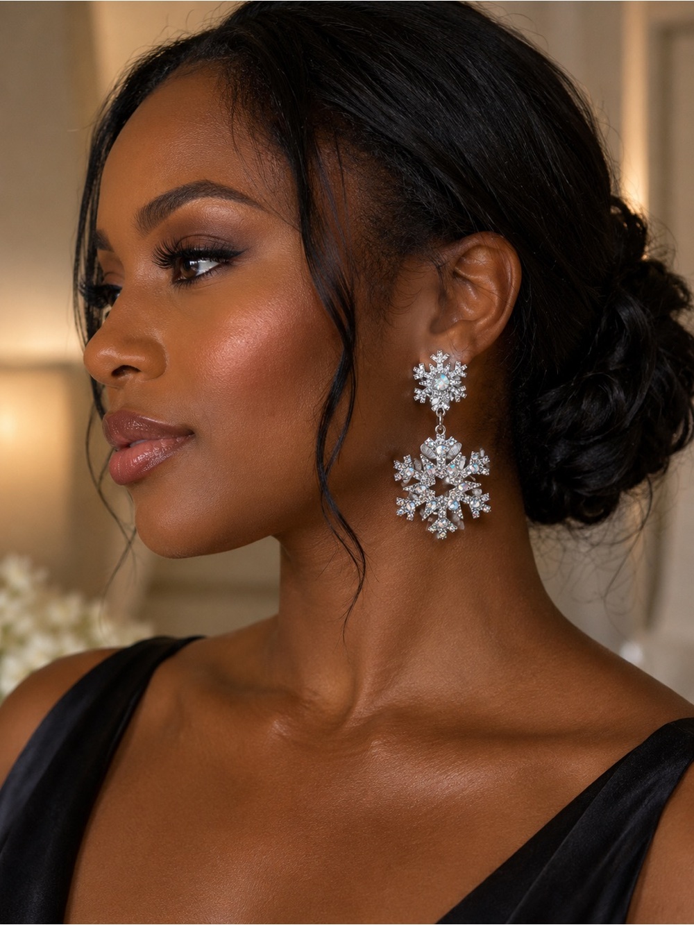 Crystal Silver Tone Winter Snowflake Drop Earrings